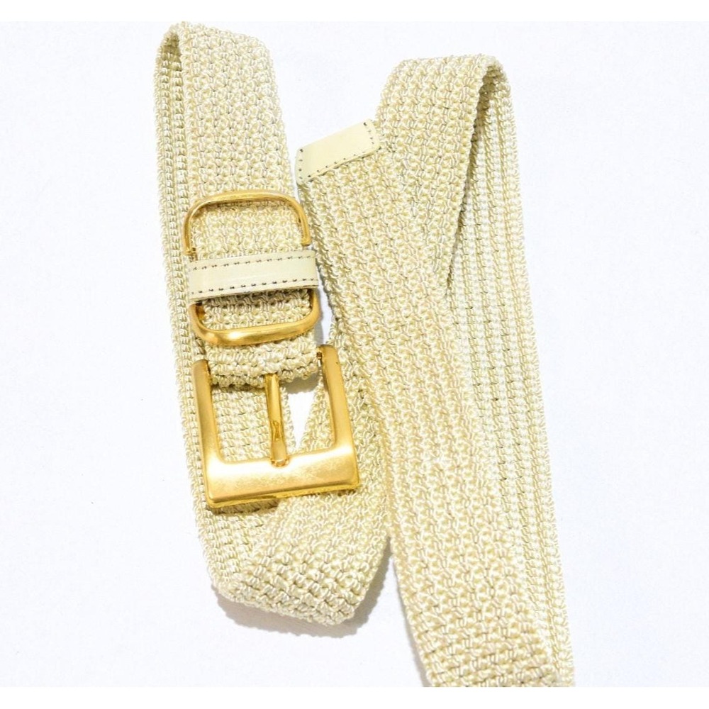70s Vintage Nylon Satin Gold Buckle Belt Womens M/L Beige Minimalist Luxe